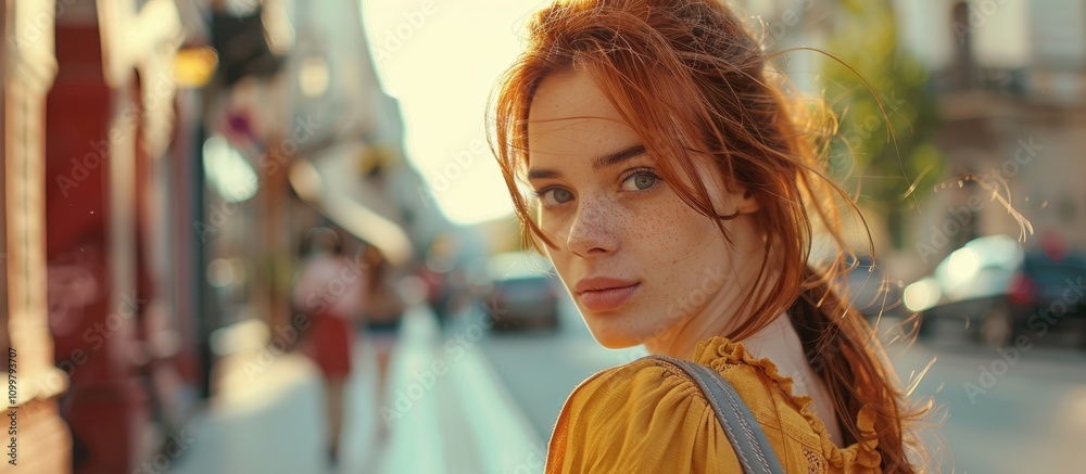 Beautiful Attractive Young Woman With Red Hair Relaxing In Town Shopping Walking Summerly Urban Mood Beautiful Attractive Young Woman With Red Hair Relaxing In Town Shopping Walking Summerly Urban Mood