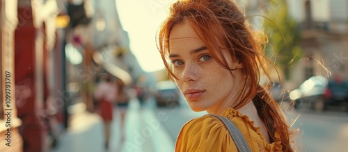 Beautiful Attractive Young Woman With Red Hair Relaxing In Town Shopping Walking Summerly Urban Mood photo