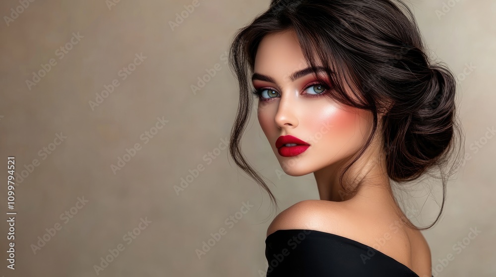 Fototapeta premium Elegant woman with exposed shoulders showcasing stylish hairstyle and vibrant makeup