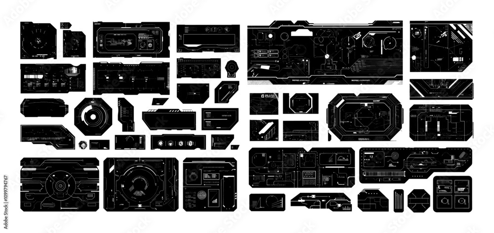 Black ink digital interfaces. Ui futuristic elements, geometrical sci fi dashboards, hud frames cyber panels virtual tech screens in different shapes, monochrome isolated vector illustrations