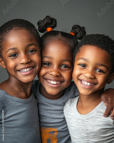 photo of three smiley black siblings: a 16 year-old on the left, an 8-year old in the middle and a 3-year old on the right 