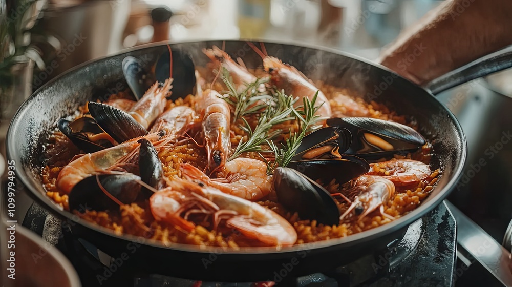 Fototapeta premium Seafood Paella: A Culinary Masterpiece with Shrimp and Mussels