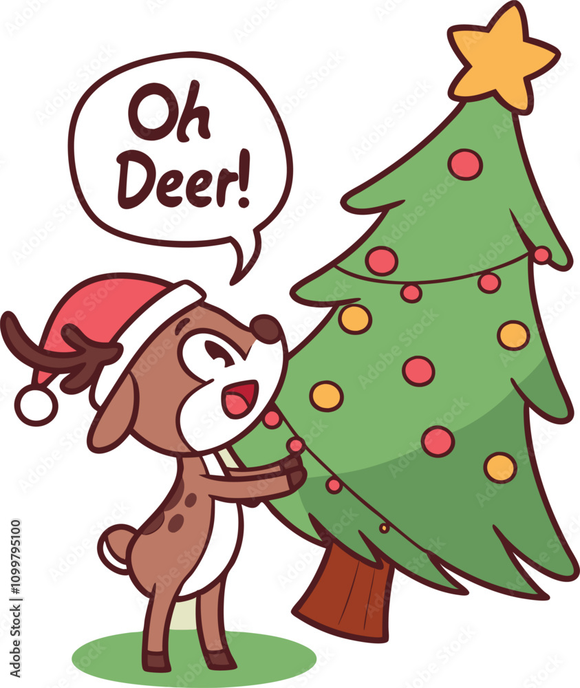 Naklejka premium T Shirt Design, A playful Oh Deer! with reindeer horns, a Santa hat, and a tree backdrop