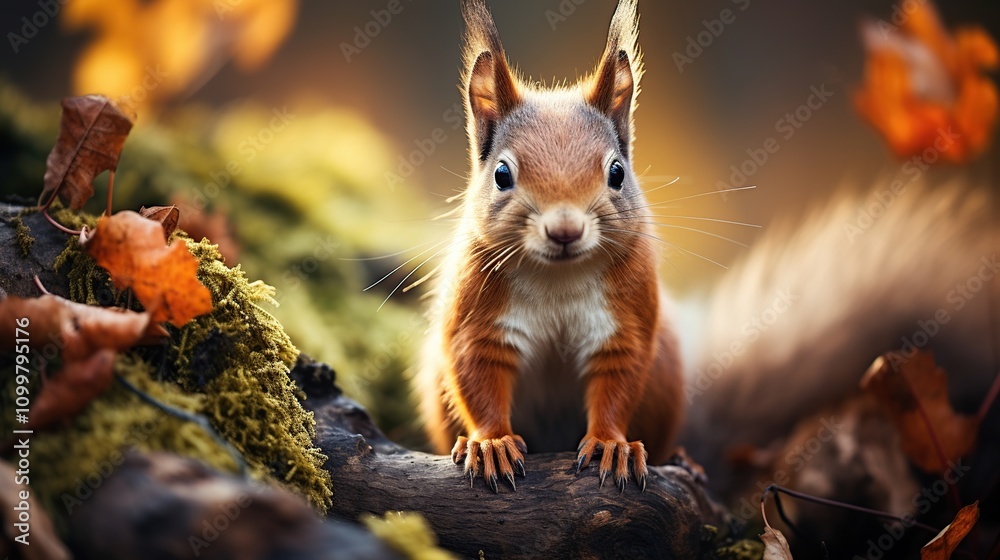 Obraz premium Cute Red Squirrel in Autumn Forest Surrounded by Colorful Leaves and Soft Moss, Perfect for Nature Lovers and Wildlife Enthusiasts Capturing Woodland Serenity