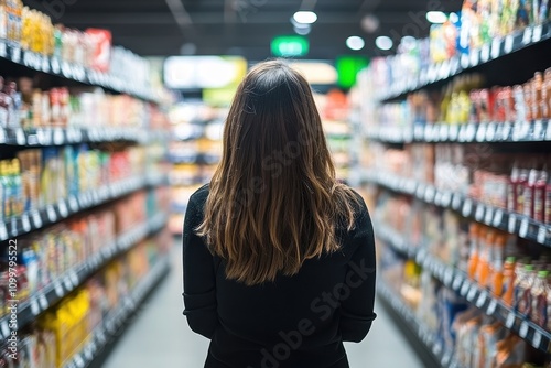 Woman Examining Products in a Bright Store Aisle photo