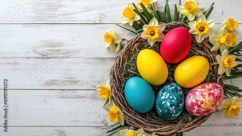 Vibrant Easter eggs in a basket alongside blooming daffodils on a white wooden surface