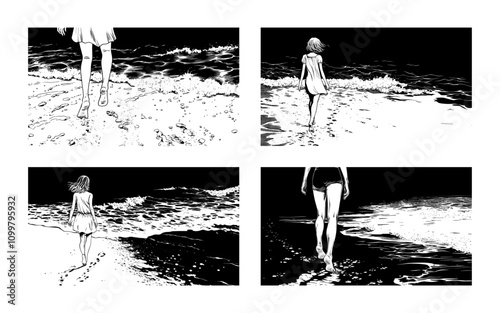 Black ink sketch barefoot walking girl on beach. Wandering woman leaving footprints at sea coast near waves, female character strolling in ocean shore, manga comic style concepts isolated artworks