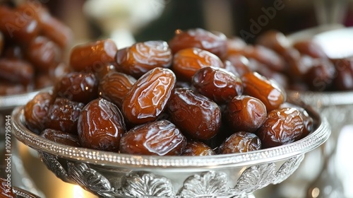 Dates in a silver bowl make for a nutritious snack option photo