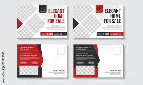 Real Estate Postcard Design Template With Red and Black Color.