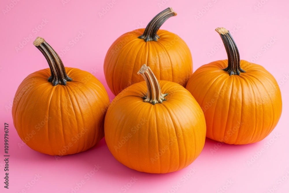 Obraz premium Pumpkins with shadows on a pastel pink background. Harvest, Halloween, Thanksgiving holidays