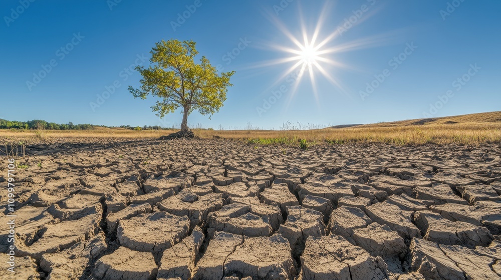 Fototapeta premium A barren, dry landscape with a tree in the middle
