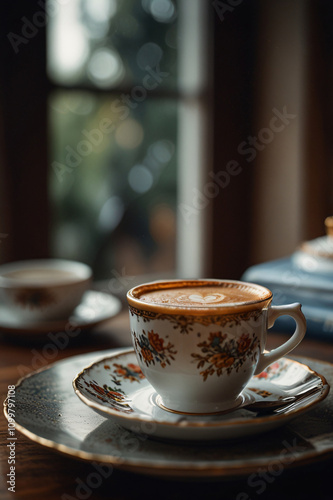 A beautifully crafted latte coffee sits on a saucer, placed on a wooden table by a window with a view of lush green trees. photo