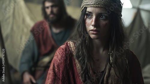 Biblical scene featuring Rahab and the scarlet cord with a soft focused backdrop photo