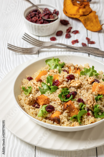 quinoa pumpkin salad in a bowl, top view photo