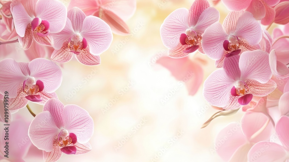 Obraz premium Elegant frame of delicate orchid flowers on a soft pastel background