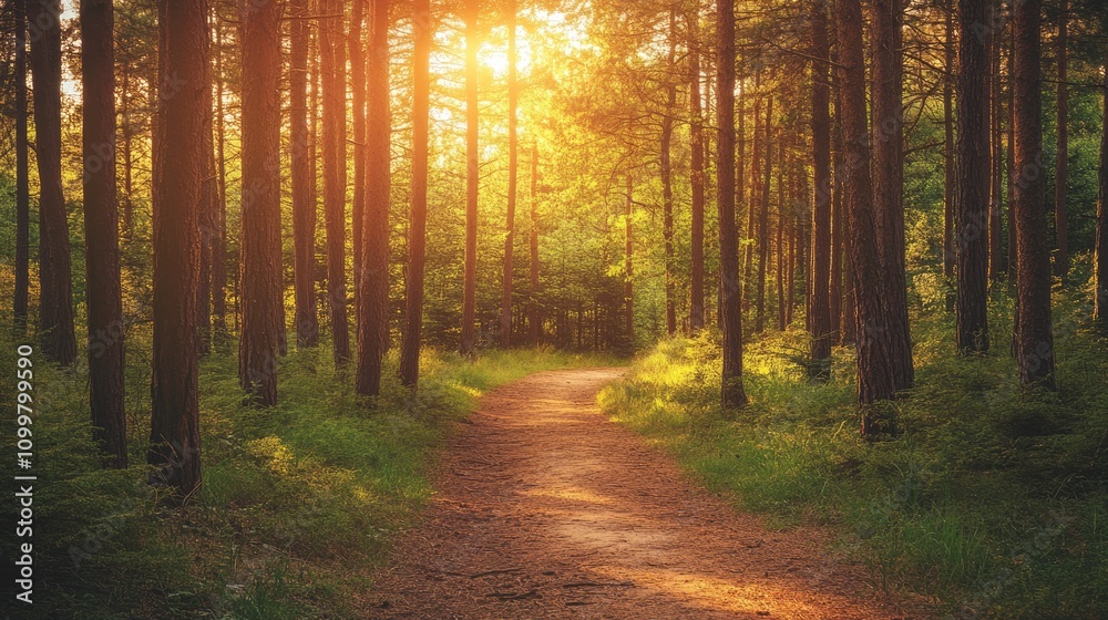 Fototapeta premium Sunlight streams through pine trees along a peaceful forest trail