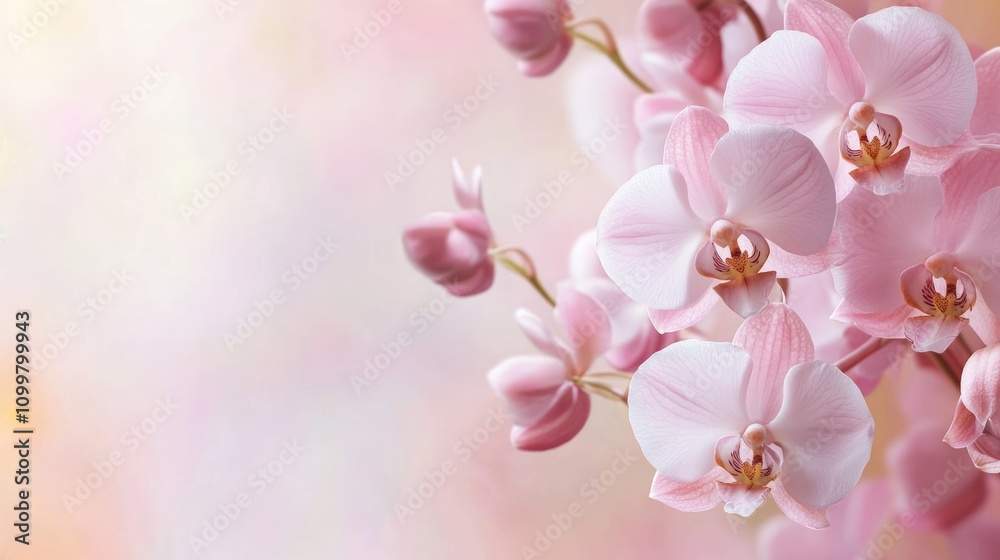 Fototapeta premium Elegant frame of delicate orchid flowers on a soft pastel background