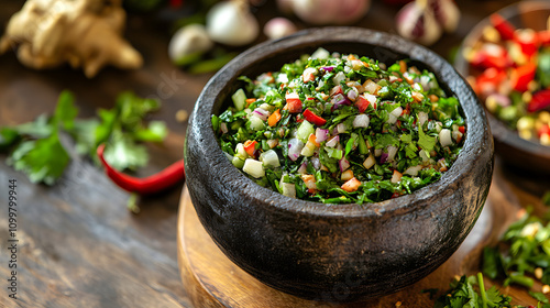 A Culinary Delight - Laphet Thoke, Myanmar's Fermented Tea Leaf Salad with Fresh Herbs and Savory Spices photo