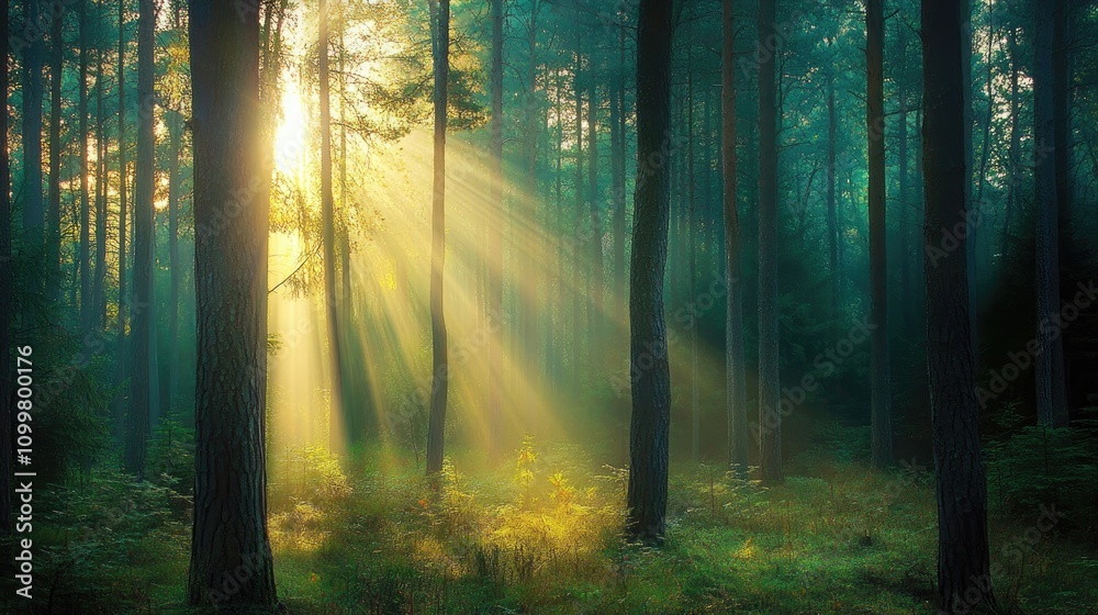 Obraz premium Sunlight filtering through the forest illuminating the trees