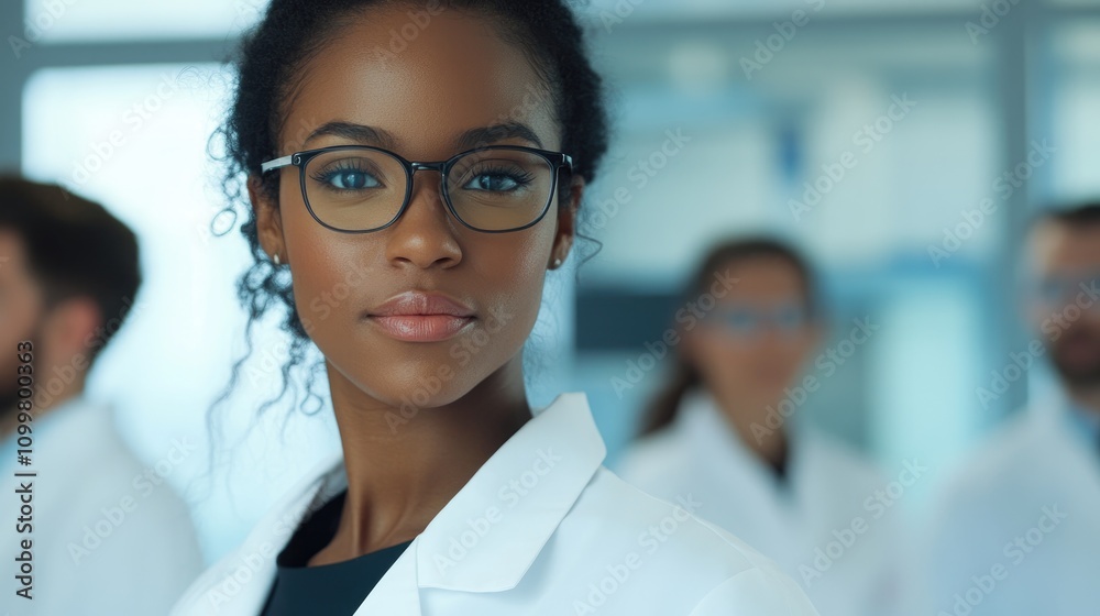 Fototapeta premium Contemporary laboratory featuring a diverse team of medical professionals and a young female scientist in a white coat and glasses with ample copy space