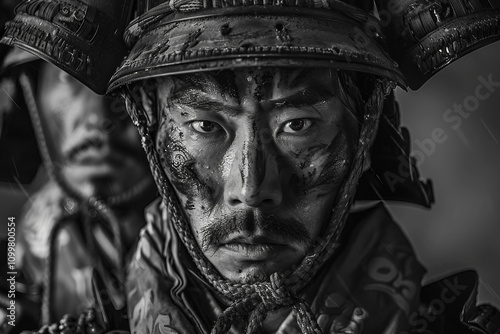 Generative AI Image of a Traditional Samurai Warrior with Intense Expression in Historical Armor and Face Paint photo