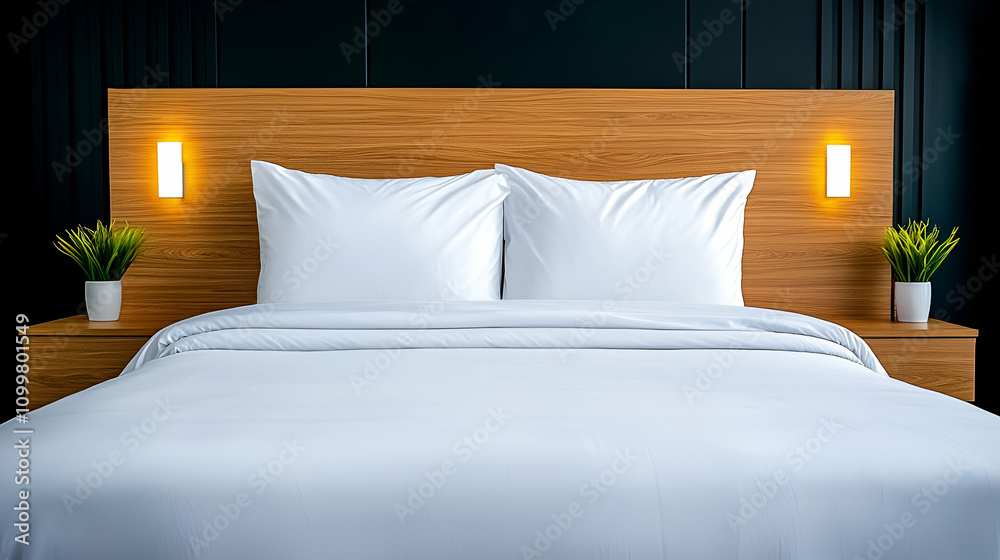 custom made wallpaper toronto digitalA modern, minimalist bedroom featuring a wooden headboard, white bedding, and decorative plants on either side.