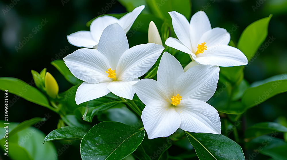 Obraz premium A cluster of delicate white flowers with yellow centers, surrounded by lush green leaves, evoking a sense of tranquility and natural beauty.