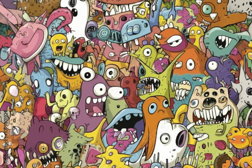 Colorful Cartoon Monsters in Chaotic Crowd