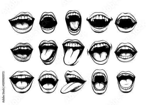 Black ink sketch smiling mouths. Open and closed grinning with plump lips teeth and tongue different emotion human face part, monochrome vector isolated illustrations on white background