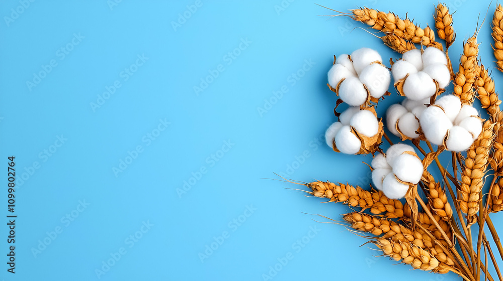 Obraz premium A bundle of cotton and wheat against a light blue background, highlighting natural textures and agricultural elements.
