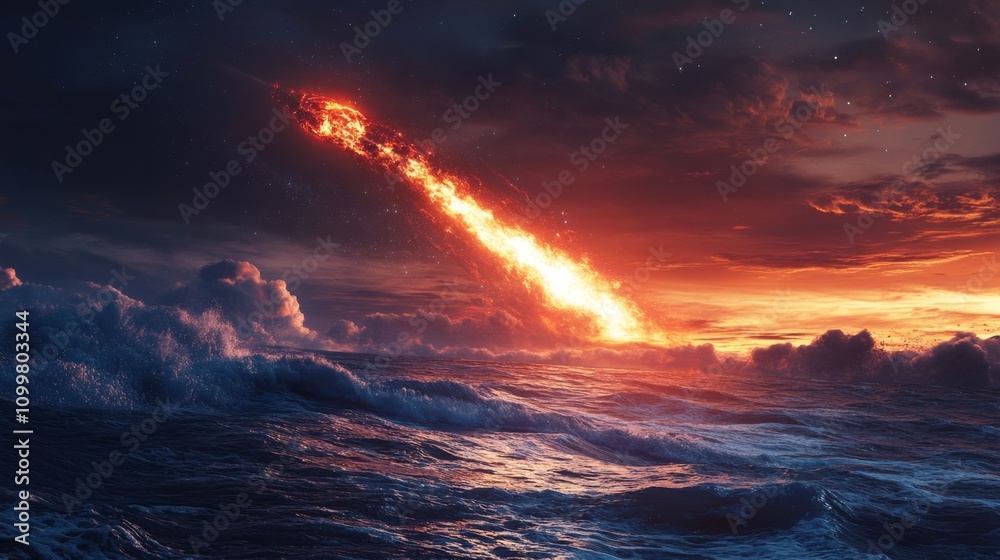 Obraz premium Fiery Meteor Impact Over Ocean Sunset