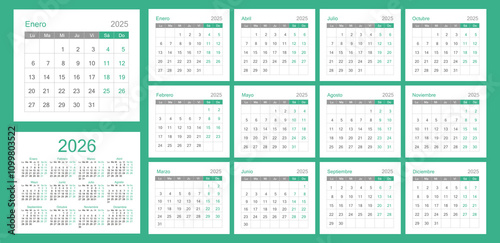 Calendar 2025 template in Spanish for 12 months. The week starts on Monday. Calendar of 12 monthly pages. Calendar for 2026.