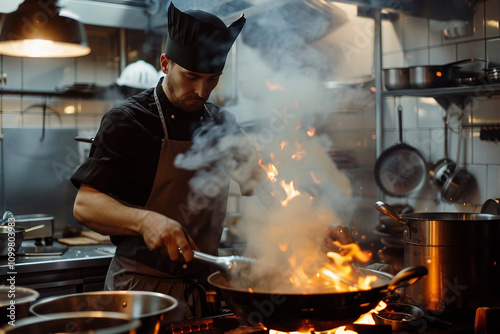 Generative AI Depiction of a Professional Male Chef Working in a Busy Restaurant Kitchen photo