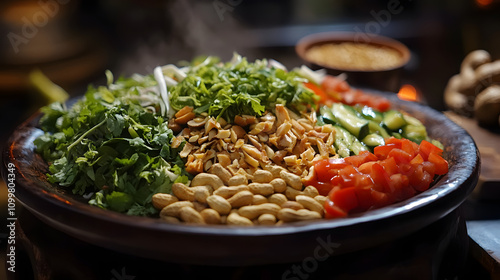 Discover the Flavors of Laphet Thoke - Myanmar's Fermented Tea Leaf Salad with Peanuts and Spices on a Traditional Platter photo