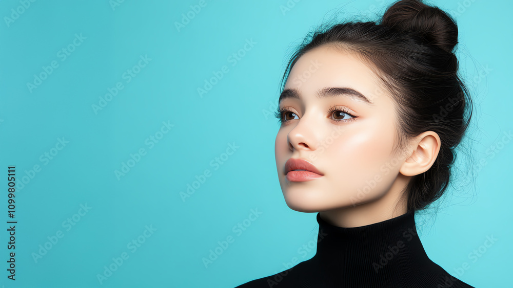 Naklejka premium Young woman in black turtleneck with a serene expression against a turquoise background, embodying elegance and simplicity.