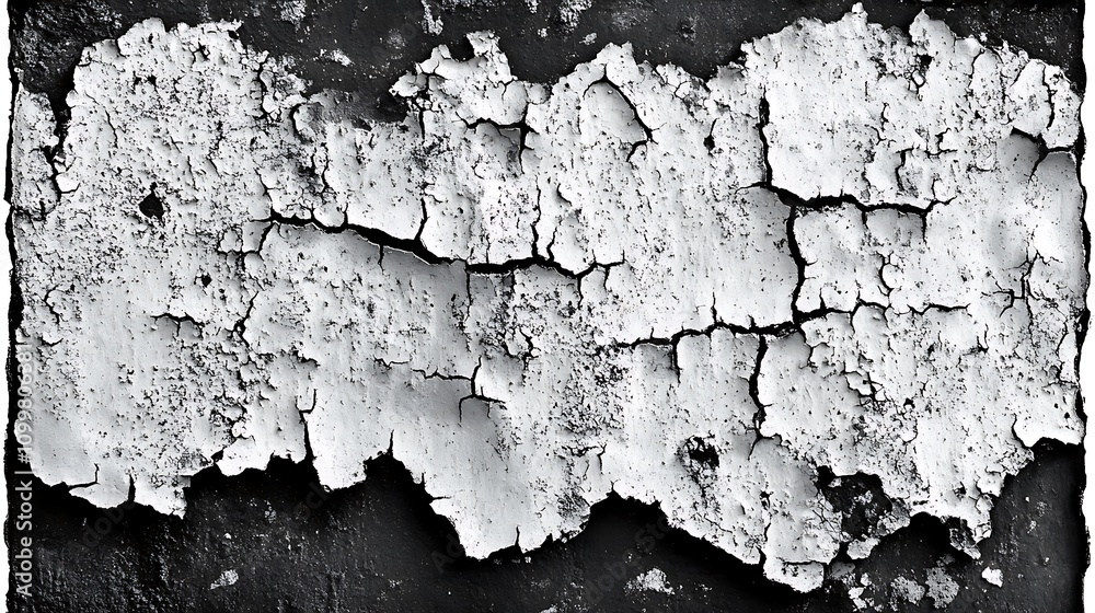 Obraz premium Aged cracked wall with peeling paint revealing layers of black and white textures.