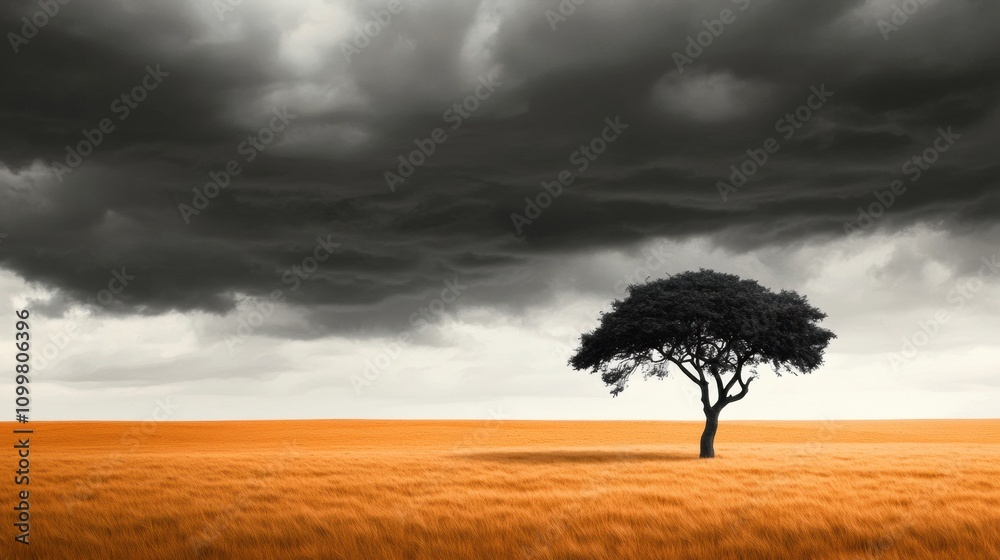 Obraz premium Lone tree stands in a golden field under dramatic storm clouds, AI