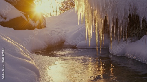 melting icicles dripping into a clear stream surrounded by snow, with golden February sunlight warming the scene