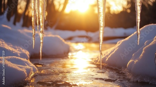 melting icicles dripping into a clear stream surrounded by snow, with golden February sunlight warming the scene