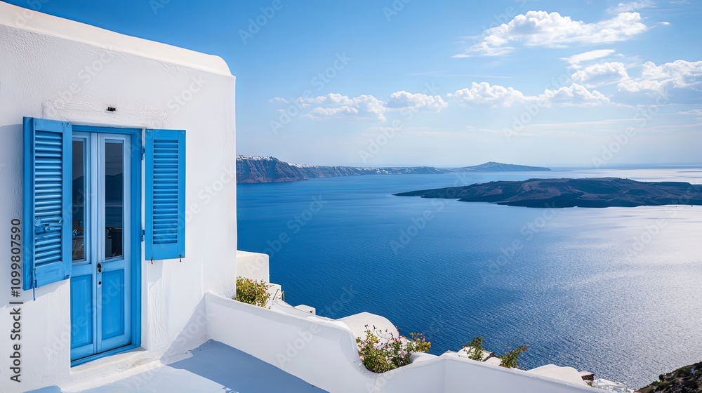 Fototapeta premium Stunning View of the Aegean Sea from a Whitewashed Greek House