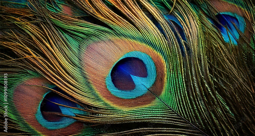 Fototapeta premium Close-up of the peacock feather pattern with a creative abstract texture, top down view