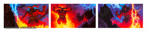 Cartoon ancient god. Horned giant demon with lightings, hell servant conjuring spell using flame storm, burning fire abyss magical old evil creature devil character, scorching overlord illustrations