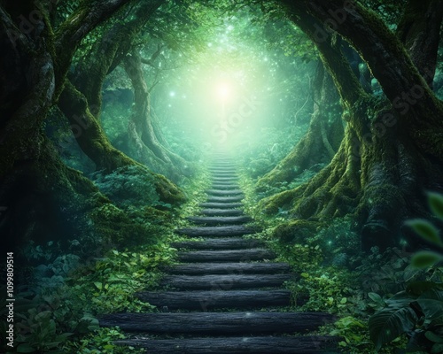 Embark on a Transformative Spiritual Journey A Glowing Forest Trail, Mystical Steps Leading to a Distant, Radiant Light, Symbolizing Enlightenment, Self-Discovery, and Inner Peace Explore the Path of photo