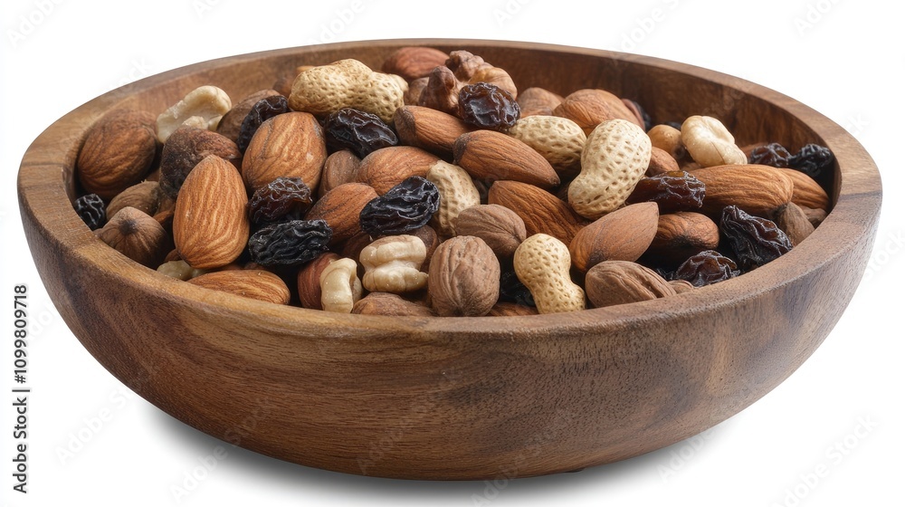 A rustic wooden bowl brimming with a colorful assortment of nuts, including almonds, peanuts, and a mix of raisins, creating a tempting snack display. A rustic wooden bowl brimming with a colorful assortment of nuts, including almonds, peanuts, and a mix of raisins, creating a tempting snack display.