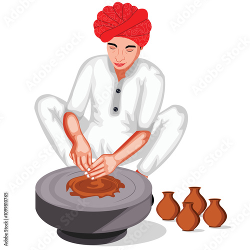 Indian Potter Making Pots By His Hands Vector Illustration (Royalty Free)