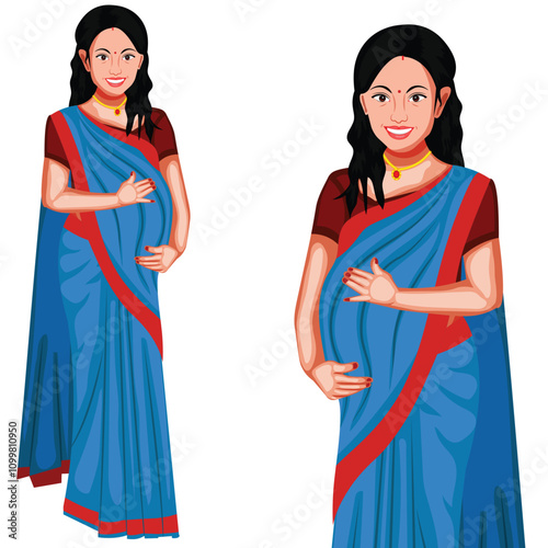 Indian Pregnant Woman In Traditional Saree Cartoon Character Vector Illustration