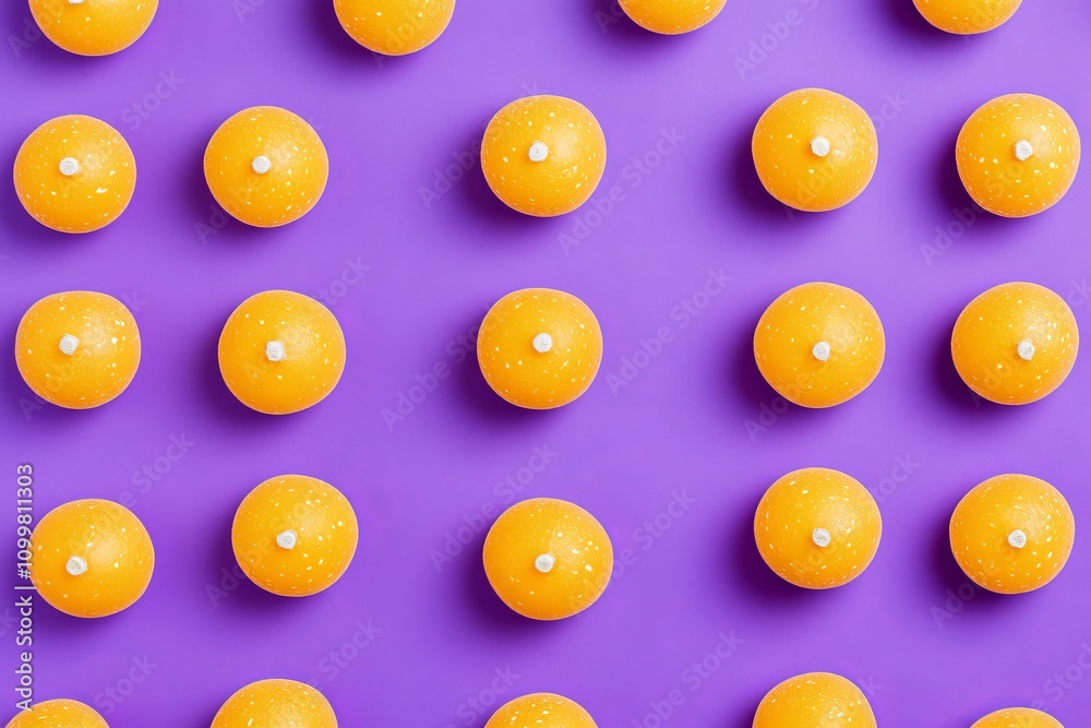 Fototapeta premium Thanksgiving or Halloween pumpkin pattern with a purple background. Autumn harvest abstract texture. Top view, flat lay, and copy space.