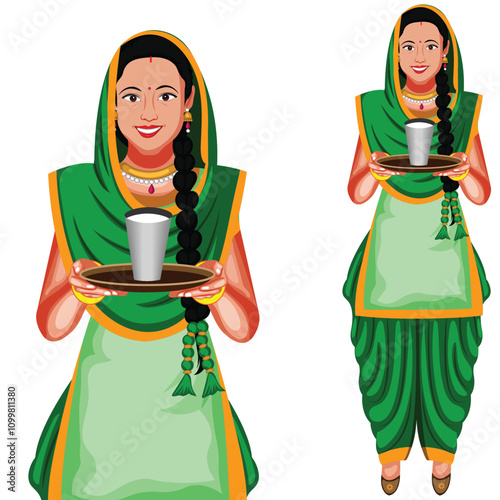 Indian Punjabi Women Holding Lassi Glass In Her Hands Vector Illustration