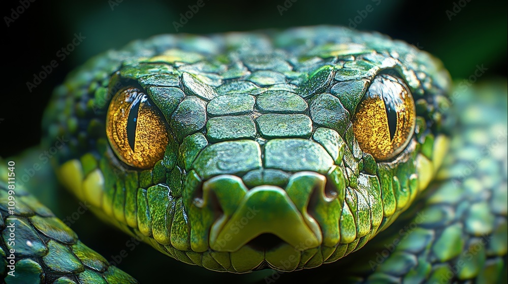 Fototapeta premium Close up snake eyes, reptile scales in detail, vibrant green and yellow colors, intense gaze, nature wildlife