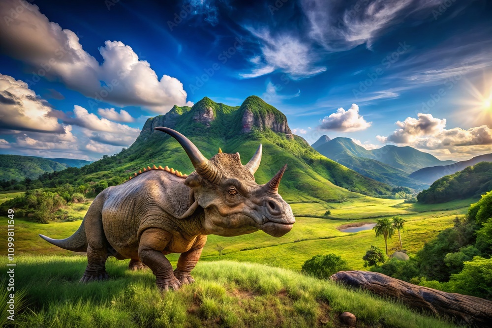 Fototapeta premium Majestic Triceratops Roaming Through Verdant Fields Under a Blue Sky – A Stunning Architectural Photography Composition Showcasing Nature and Prehistoric Life